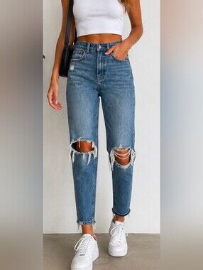 ZARA Distressed Ripped Knee Jeans Women’s 4 Blue High Rise Denim